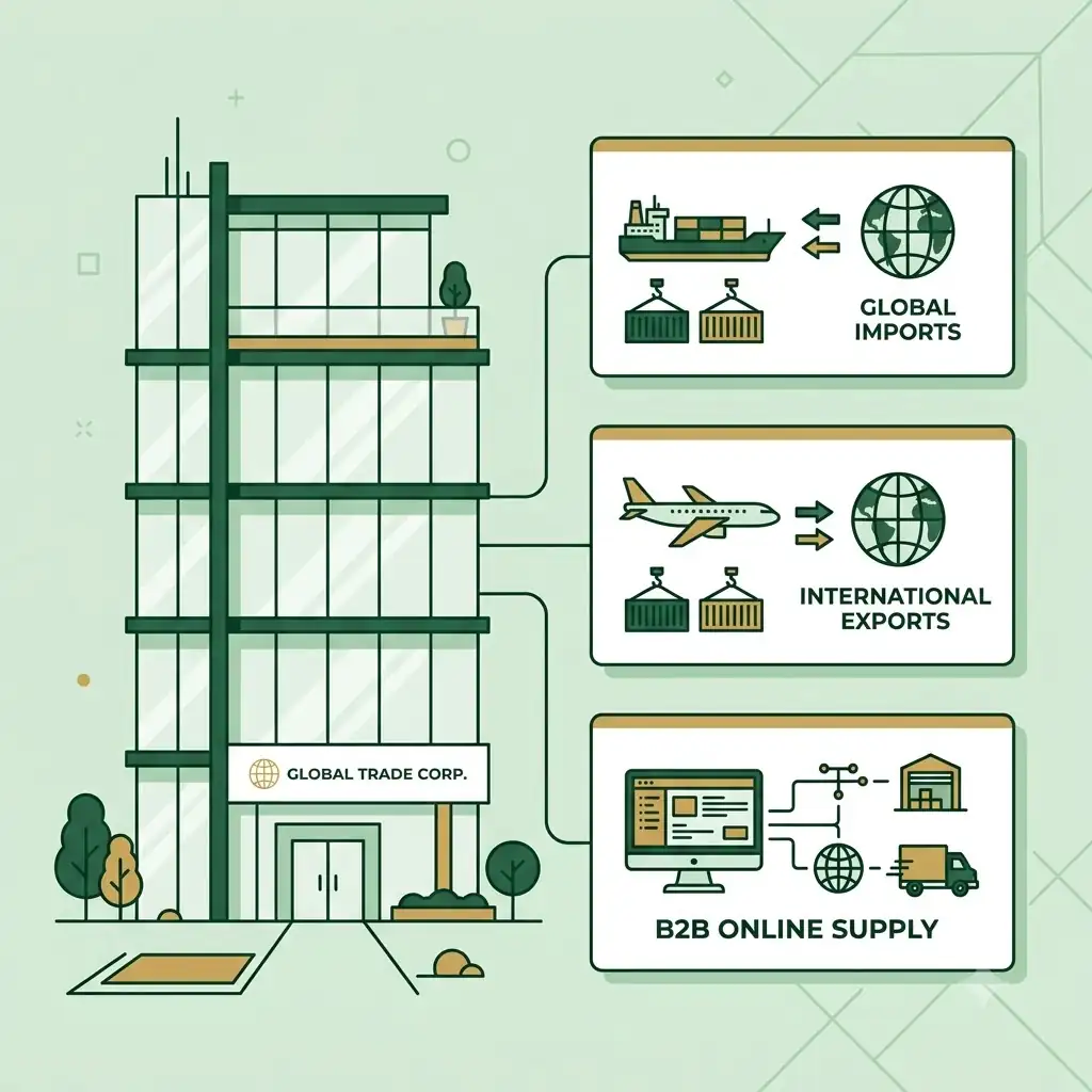 Diagram of Tarjani's trade model — global imports, international exports and B2B online supply routed through the company's Delhi office.