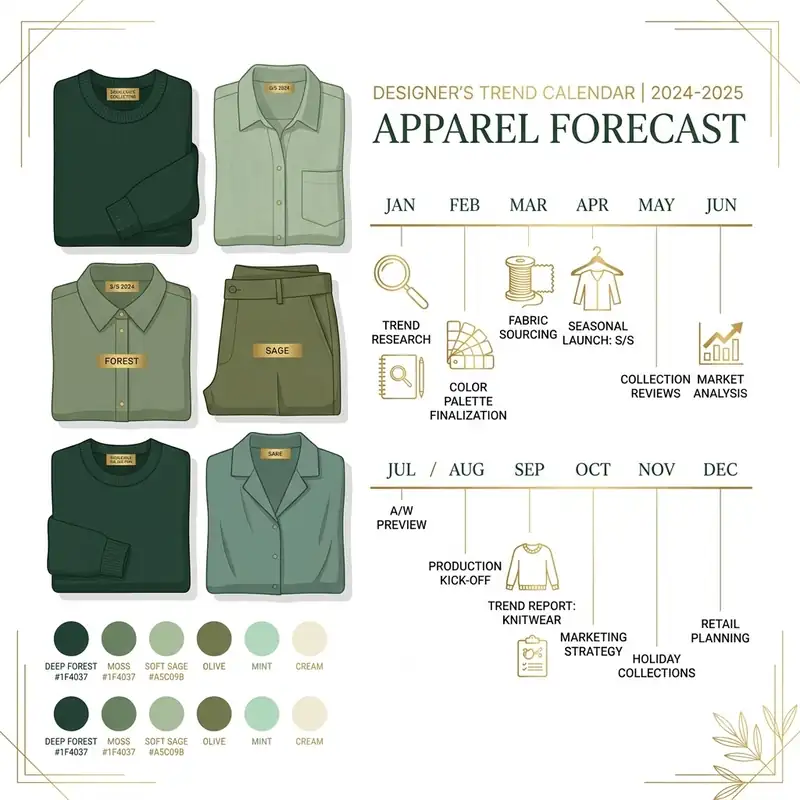 Apparel forecast calendar showing seasonal garment colours, fabric swatches and a month-by-month buying timeline.