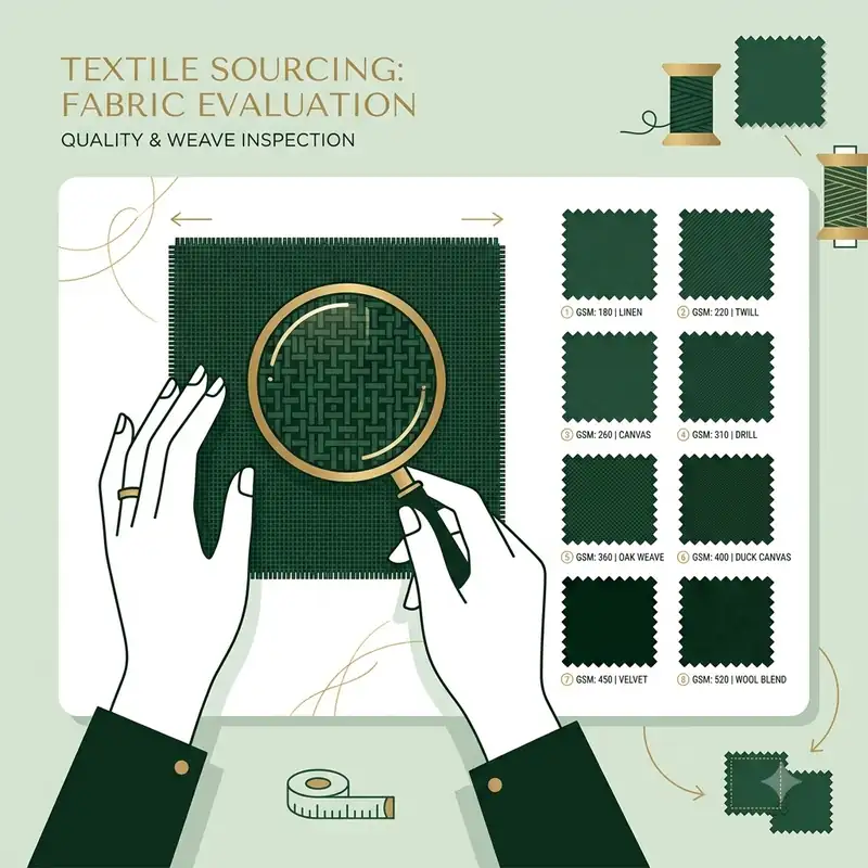 Hands inspecting fabric swatches with a magnifier during a textile quality and weave evaluation.