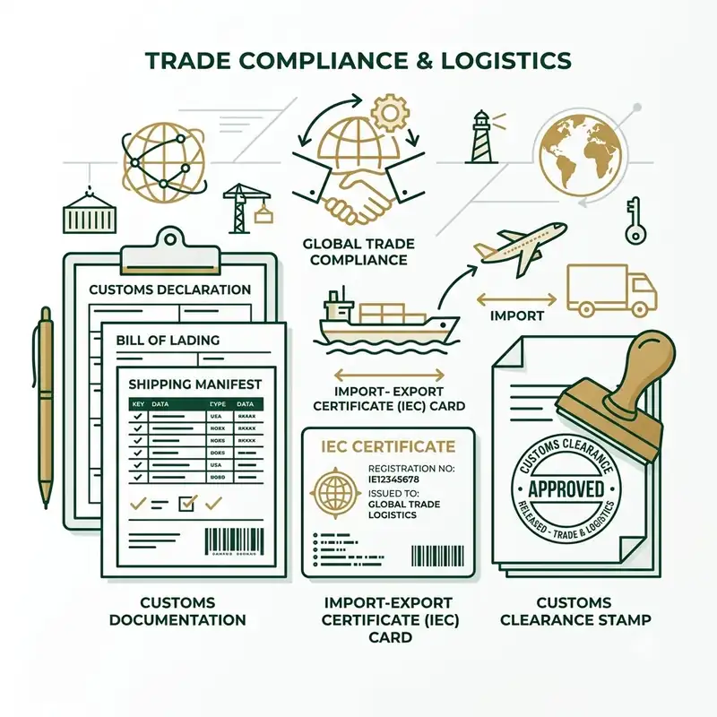 Trade compliance paperwork — bill of lading, shipping manifest, IEC certificate and a customs clearance stamp.