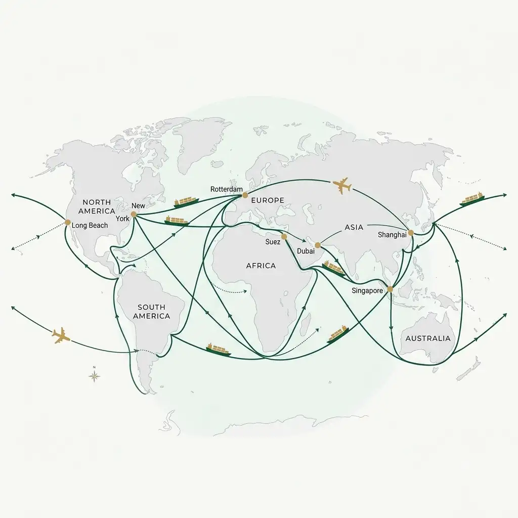 World map marked with Tarjani's import and export trade lanes across Asia, Europe, Africa, the Americas and Australia.