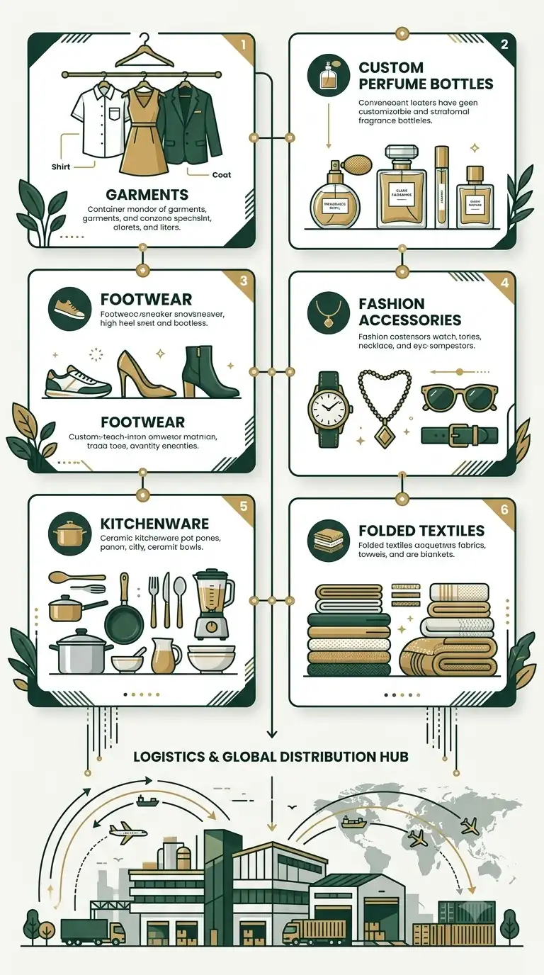 Tarjani's six wholesale categories — garments, perfumes, footwear, fashion accessories, kitchenware and folded textiles — feeding a central logistics and distribution hub.