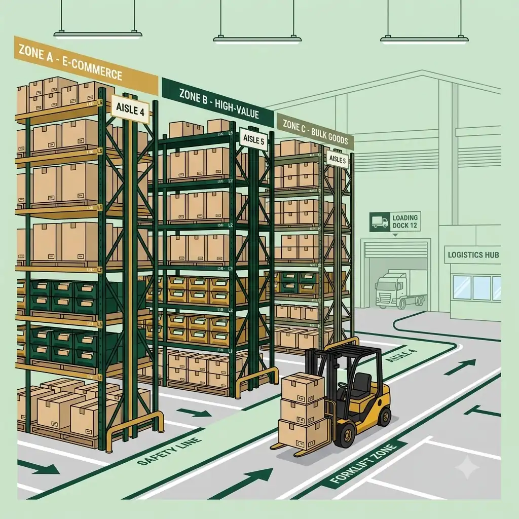 Interior of the Mundka warehouse: zoned racking stacked with cartons, a forklift working the aisle and a marked loading dock.